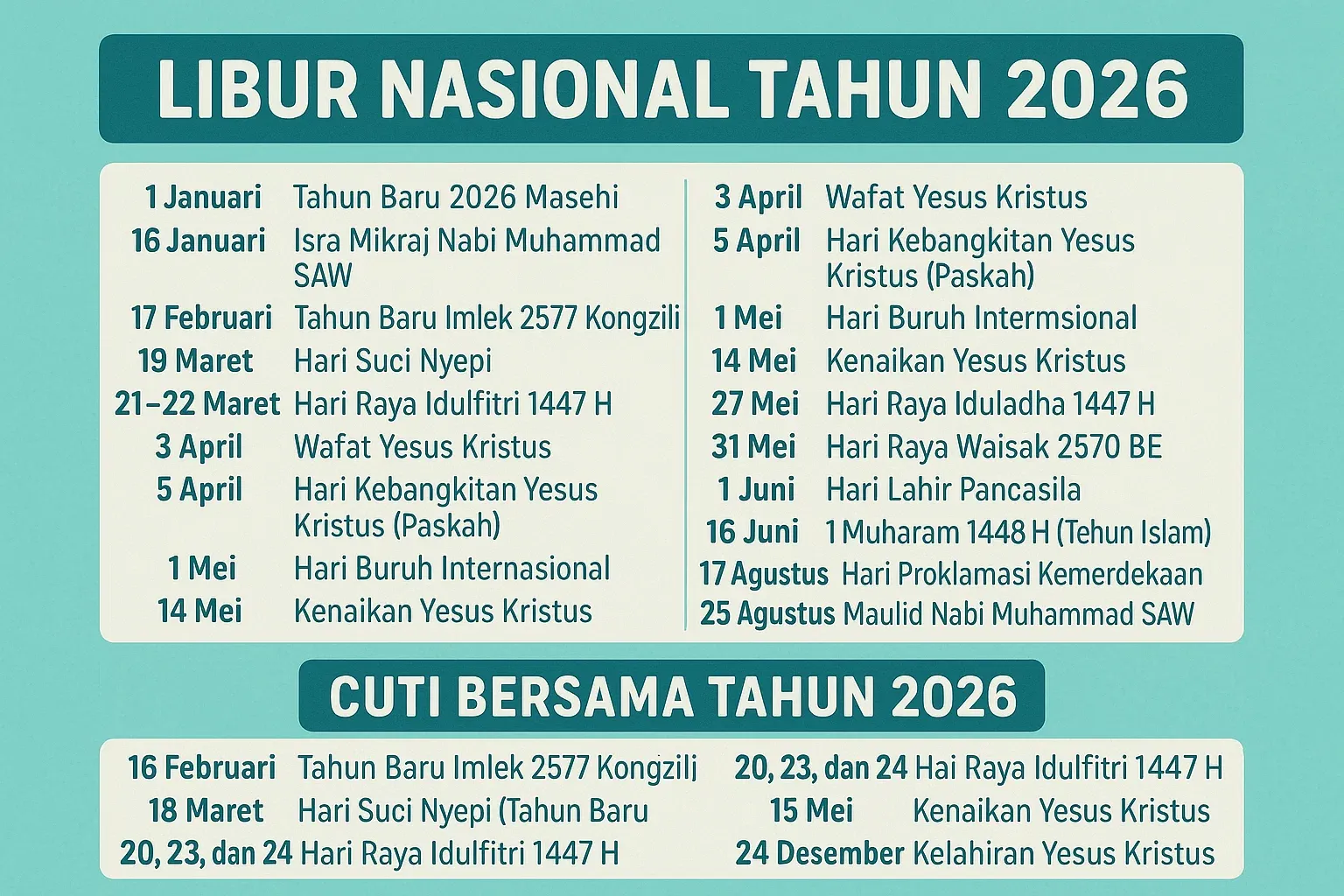 Kalender 2026: Libur Nasional, Cuti Bersama, dan Perayaan Agama