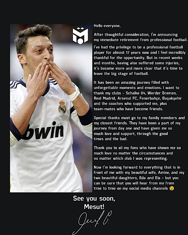 Legenda Sepak Bola Mesut Ozil Mengumumkan Pensiun