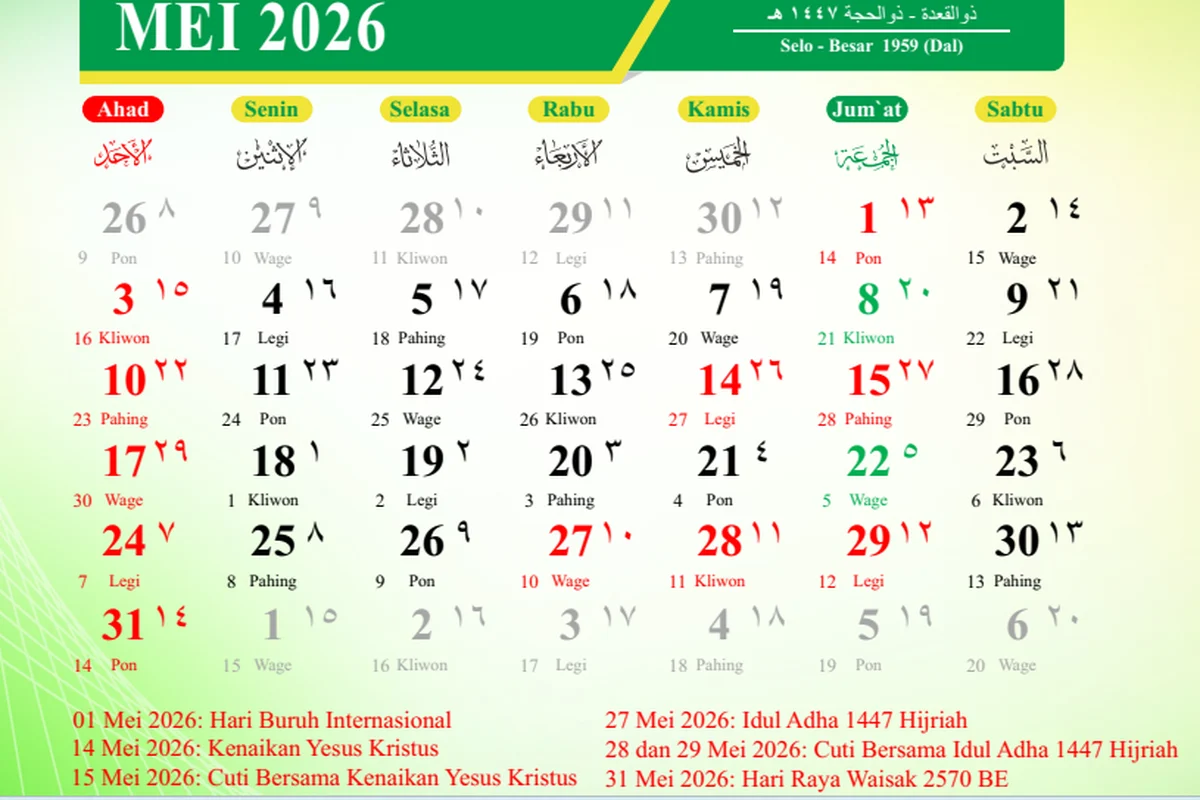 Kalender Mei 2026 Lengkap dengan Tanggal Merah: Informasi Libur Nasional dan Cuti Bersama
