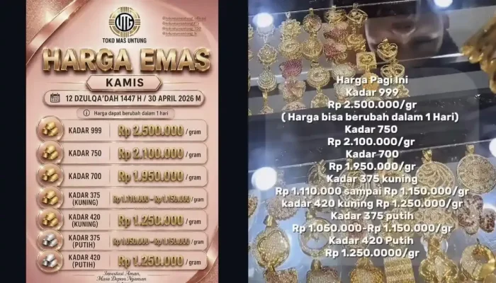 Harga Emas Perhiasan 999 di Martapura Kalsel Stabil, Berikut Harga Emas Perhiasan di Palembang