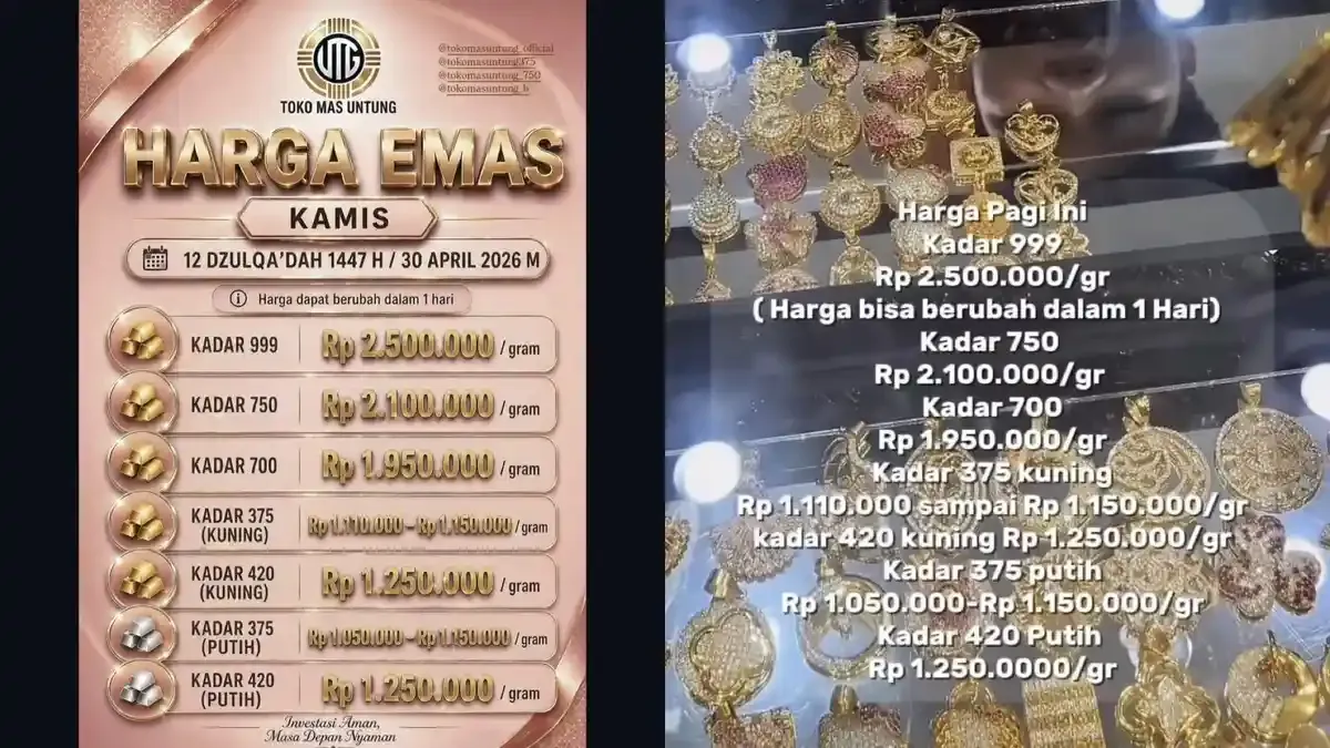 Harga Emas Perhiasan 999 di Martapura Kalsel Stabil, Berikut Harga Emas Perhiasan di Palembang